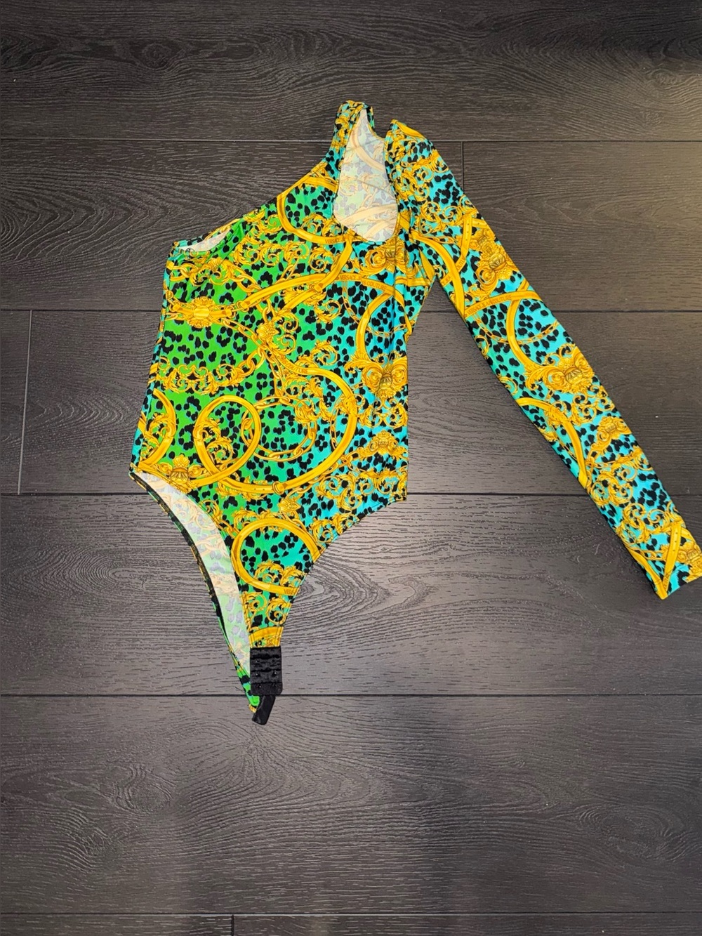 Versace One-Shoulder Bodysuit in Green, Yellow, Turquoise Baroque Print